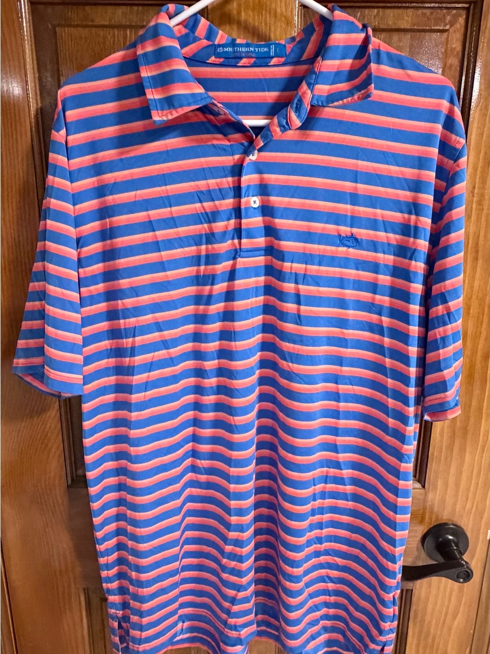 Southern Tide Men's Blue & Coral Striped Polo Shirt large